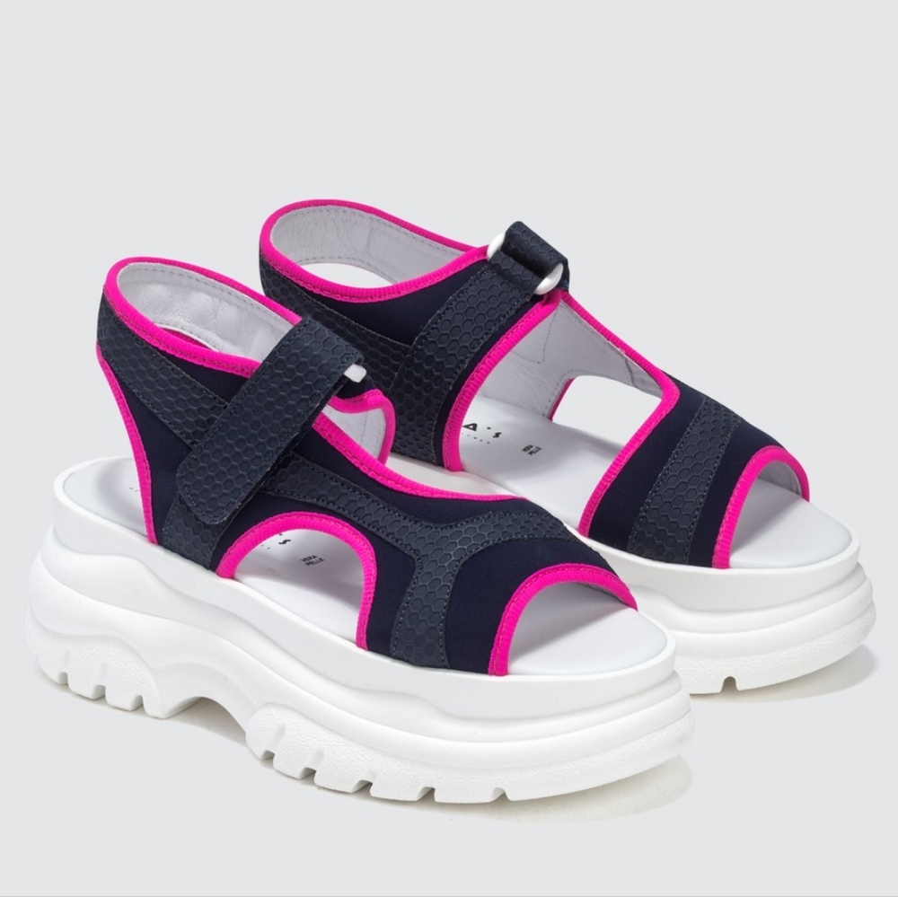 NIB JOSHUA SANDERS Fuxia Spice Scuba Pink Velcro Fastening Platform Sandals